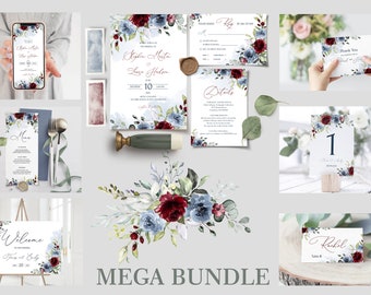 Wedding Invitation MEGA bundle Template, Floral printable Wedding Invites Mega Bundle, Editable, Download, Burgundy and Dusty Blue, DELLA