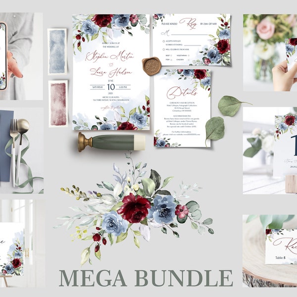 Wedding Invitation MEGA bundle Template, Floral printable Wedding Invites Mega Bundle, Editable, Download, Burgundy and Dusty Blue, DELLA
