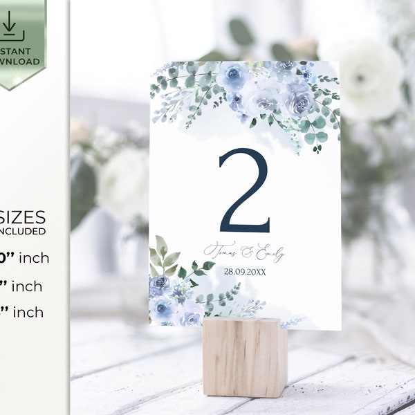 ELIA Light Blue Wedding Table Number Template, Editable Floral Wedding Number,  Table Number, INSTANT Download, Printable Wedding Number