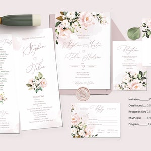 AVA Wedding Invitation Set Template Watercolor soft blush pink Flowers, Floral, Editable, Printable Bundle For Home Printing, Invites Suite image 2