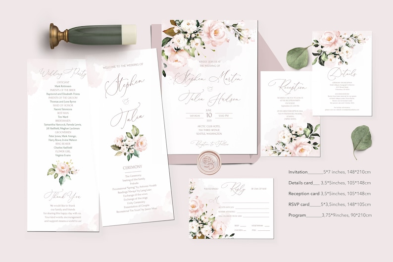 AVA Wedding Invitation Set Template Watercolor soft blush pink Flowers, Floral, Editable, Printable Bundle For Home Printing, Invites Suite image 2