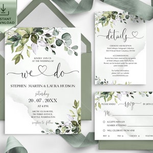 AMELIA Editable Wedding Invitation Set Template Greenery Leaves, Printable, DIY We do Bundle invitation, Eucalyptus Invite set, DIY image 2