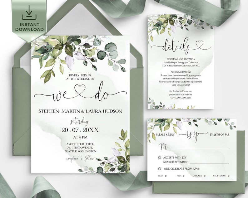 AMELIA Editable Wedding Invitation Set Template Greenery Leaves, Printable, DIY We do Bundle invitation, Eucalyptus Invite set, DIY image 2