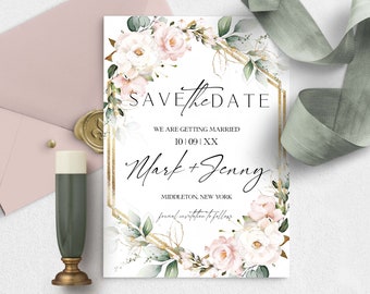 BLUSH Soft Pink Save The Date Template, Editable light pink Flowers Save the Date Digital Download, eucalyptus Save Our Date Card, diy