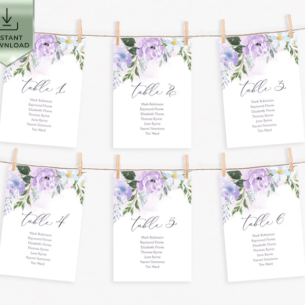 LILAC - Seating Table Cards Template, Purple Hanging Seating Chart Cards, Seating Chart Wedding Template, Wedding Seating Chart Sign