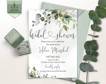 Modèle d’invitation à la douche nuptiale AMELIA Eucalyptus, douche nuptiale florale modifiable électronique, téléchargement numérique, mariée de verdure imprimable