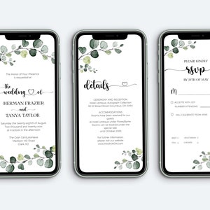 EMILY Eucalyptus Electronic Invitation Bundle Template, Greenery Smartphone Evite, Evite Details and Rsvp, SMS wedding invitation Download