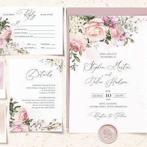 TEA ROSE Printable Wedding Invitation Set Template watercolor blush pink Flowers, Editable Blush Pink Wedding Invites, WeddingInvites Suite