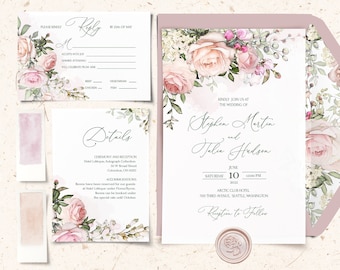 TEA ROSE Printable Wedding Invitation Set Template watercolor blush pink Flowers, Editable Blush Pink Wedding Invites, WeddingInvites Suite