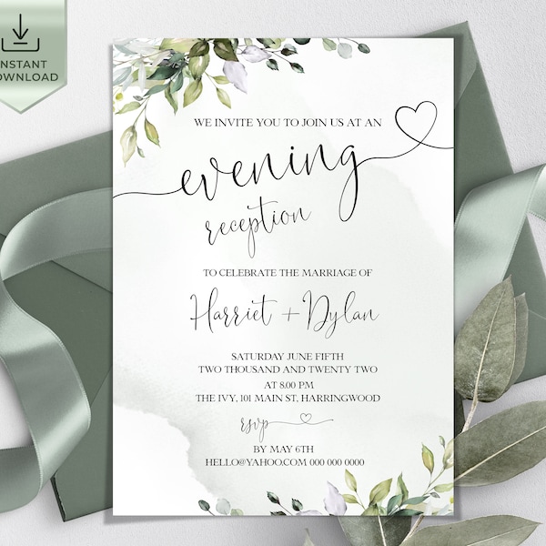 AMELIA Eucalyptus Evening Wedding Reception Party Invitation Template, Printable Greenery Wedding Reception Guest Editable, INSTANT Download