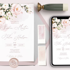 AVA Wedding Invitation Template Watercolor soft blush pink Flowers, Floral, Editable, Printable Invite For Home Printing, Wedding Invites