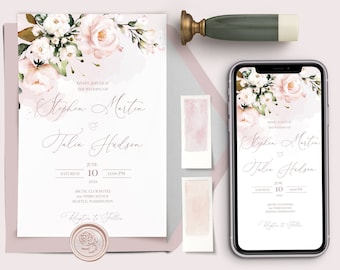 Wedding Invitation Template with Watercolor soft blush pink Flowers, Floral, Editable, Printable Invite For Home Printing, Wedding Invites
