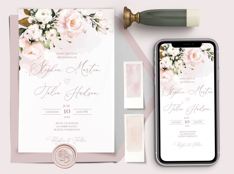 AVA Wedding Invitation Template Watercolor soft blush pink Flowers, Floral, Editable, Printable Invite For Home Printing, Wedding Invites 