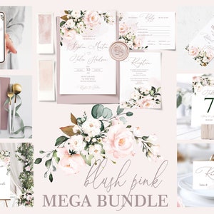 AVA Soft Pink Wedding Invitation MEGA bundle Template, Blush Pink printable Wedding Invites Mega Bundle, Editable, Download, Floral image 1