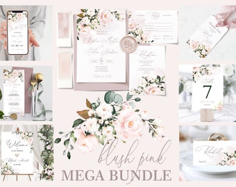 AVA Soft Pink Wedding Invitation MEGA bundle Template, Blush Pink printable Wedding Invites Mega Bundle, Editable, Download, Floral