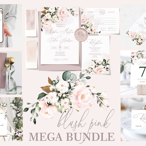 AVA Soft Pink Wedding Invitation MEGA bundle Template, Blush Pink printable Wedding Invites Mega Bundle, Editable, Download, Floral