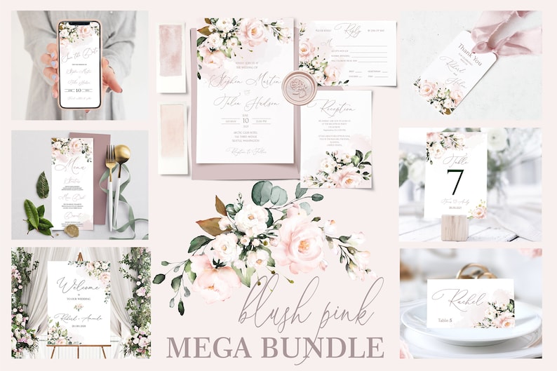 AVA Soft Pink Wedding Invitation MEGA bundle Template, Blush Pink printable Wedding Invites Mega Bundle, Editable, Download, Floral image 1