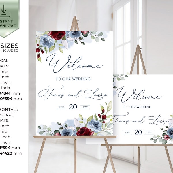 Wedding Welcome Sign Template, Burgundy & Dusty Blue Editable Welcome Sign Download, Floral, Printable Custom Welcome Sign  DELLA