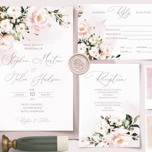 AVA Wedding Invitation Set Template Watercolor soft blush pink Flowers, Floral, Editable, Printable Bundle For Home Printing, Invites Suite image 1