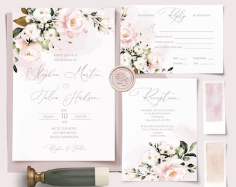 AVA Wedding Invitation Set Template Watercolor soft blush pink Flowers, Floral, Editable, Printable Bundle For Home Printing, Invites Suite