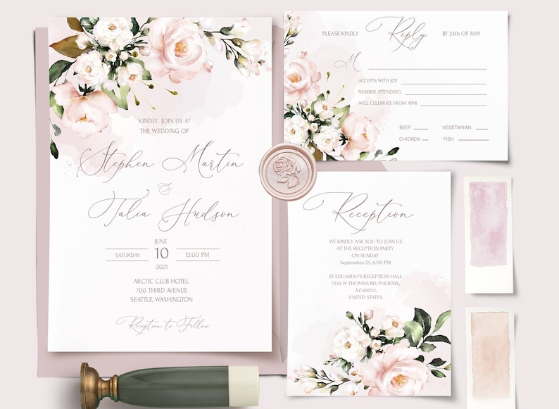 AVA Wedding Invitation Set Template Watercolor soft blush pink Flowers, Floral, Editable, Printable Bundle For Home Printing, Invites Suite image 1