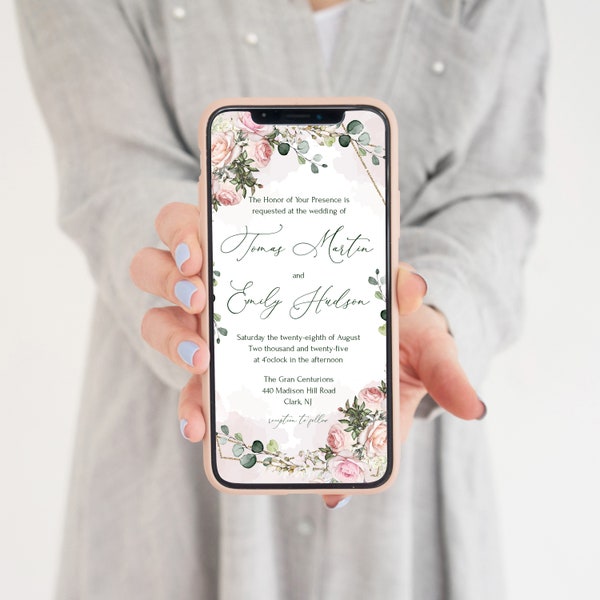 TEA ROSE Pink Electronic Invitation Template, Blush Pink Smartphone Evite, Tea roses Geometric Mobile Invite, Instant Download, Floral, SMS