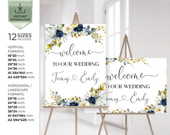 Wedding Welcome Sign,  Welcome Sign Template, Editable Blue Navy Yellow Welcome Sign, Custom Wedding Welcome poster, Printable, Diy, EVELYN