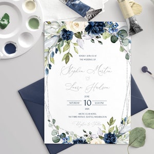 VIDA Wedding Invitation Blue Navy Flowers and Silver Geometric, Editable Blue Navy Wedding Invite Template, Digital Template, Download