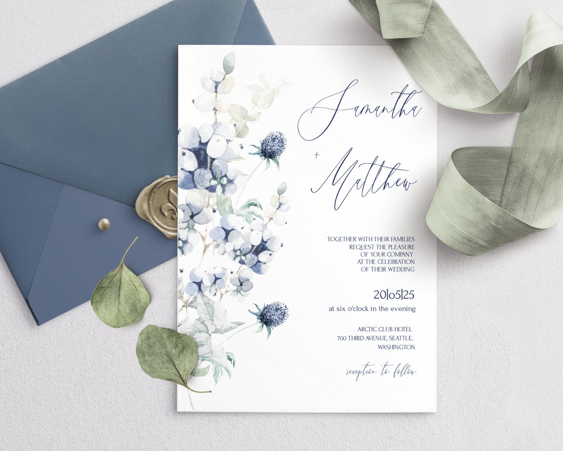 Blue Flowers Wedding Invitation Template Rustic Wedding Etsy