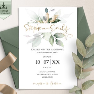 Greenery Wedding Invitation Template, Eucalyptus Wedding Invitation card, Greenery Gold Wedding invitation template Download | ISABELLA