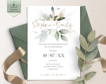 Modèle d'invitation de mariage de verdure, carte d'invitation de mariage d'eucalyptus, modèle d'invitation de mariage de verdure en or Télécharger | ISABELLE