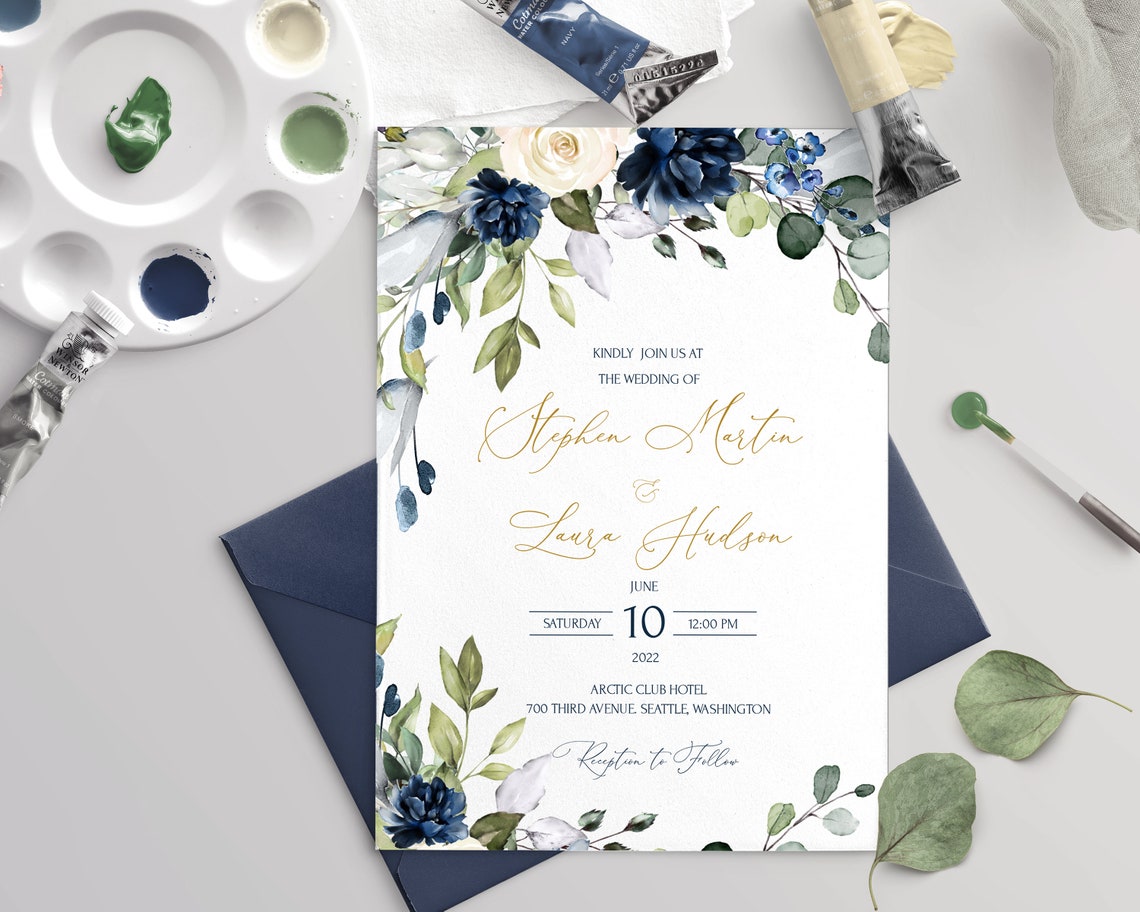 OCEAN Wedding Invitation Blue Navy Flowers Editable Blue Navy image 1