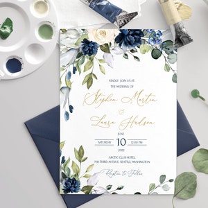 OCEAN Wedding Invitation Blue Navy Flowers, Editable Blue Navy Wedding invite Template, Printable, Download, Diy, Floral