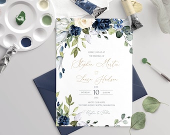 Faire-part de mariage océan bleu marine fleurs, modèle d'invitation de mariage bleu marine modifiable, imprimable, téléchargement, bricolage, floral