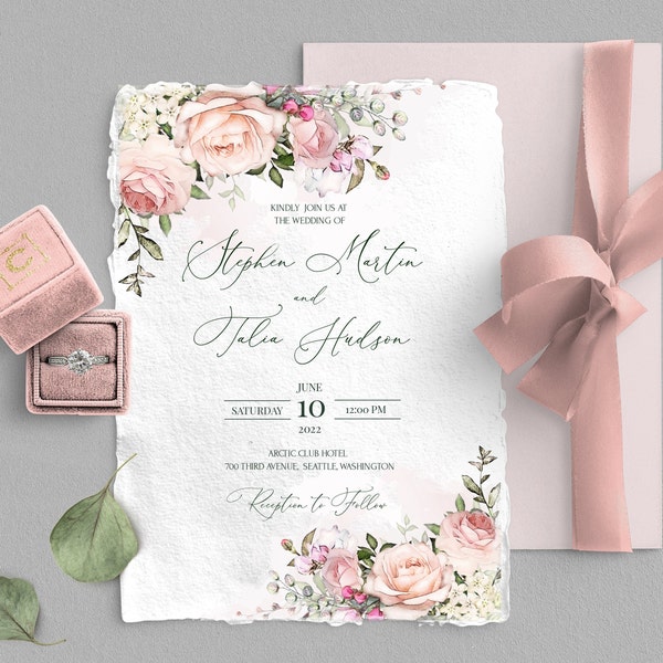 TEA ROSE Electronic Invitation, blush pink Flowers Smartphone Envite, Rustic Digital Template, Mobile, Instant Download, Smartphone SMS