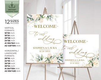 Wedding Welcome Sign Template, White Flowers Welcome Sign Download, Floral Editable Welcome Sign, Printable Wedding Sign, Diy MIA