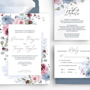 LIA Dusty Blue and Dusty Pink Wedding Invitation Set Template, Editable Floral Invites Bundle, Printable invitation suite, Instant download