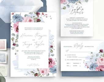 LIA Dusty Blue and Dusty Pink Wedding Invitation Set Template, Editable Floral Invites Bundle, Printable invitation suite, Instant download