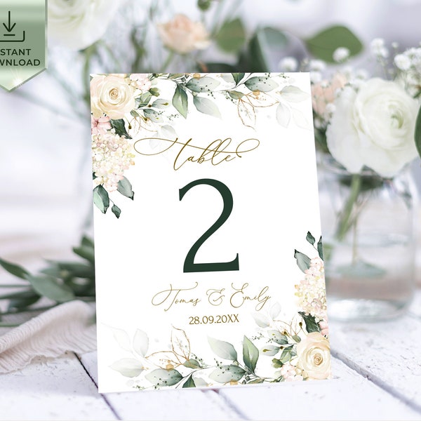 MIA Creamy Rose Wedding Table Number Template,  White Flowers Wedding Number, Editable Table Numbers, INSTANT Download, Printable