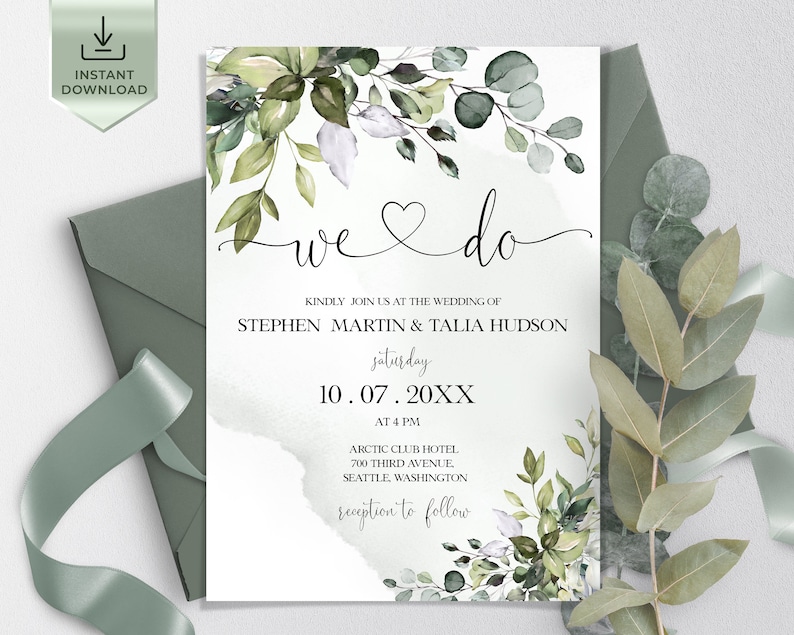 AMELIA Editable Wedding Invitation Set Template Greenery Leaves, Printable, DIY We do Bundle invitation, Eucalyptus Invite set, DIY image 3