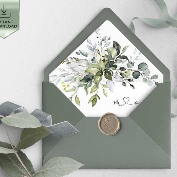 Greenery Eucalyptus Envelope Liner A7, A6 Template,  Greenery Eucalyptus Wedding liner, Printable Wedding Liner, Editable liner | AMELIA