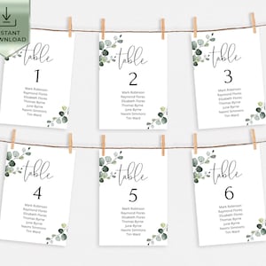 Minimalist Seating Chart Template, Eucalyptus Table Seating Chart Card, Printable Seating Plan, Hanging Greenery Seating Chart Wedding EVA image 1