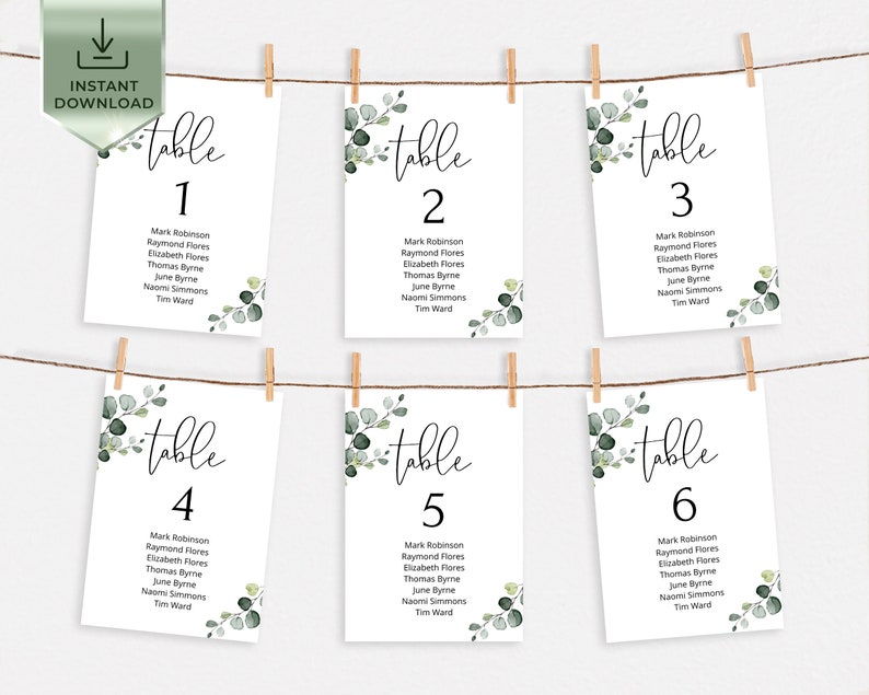 Minimalist Seating Chart Template, Eucalyptus Table Seating Chart Card, Printable Seating Plan, Hanging Greenery Seating Chart Wedding EVA image 1