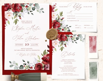 Modèle d'invitation de mariage, faire-part de mariage modifiable, invitations rouges imprimables, invitation de mariage, faisceaux d'invitation de mariage rouge