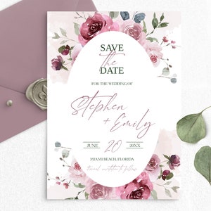 ROSIE Dusty pink Save The Date Template, Printable Save the Date Digital Download,  Floral Save the Date Digital Template,  Editable