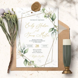 ISABELLA Greenery and Gold Wedding Invitation Rsvp card Template, Geometric Eucalyptus Printable Wedding Invites Download, Editable, INSTANT