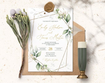 ISABELLA Greenery and Gold Wedding Invitation Rsvp card Template, Eucalyptus géométrique imprimable invitations de mariage télécharger, modifiable, INSTANT