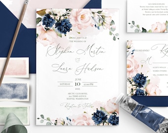 HARPER Blue Navy and Soft Pink Wedding Invitation Set Template, Blue Navy and Blush pink Flowers Printable invites Bundle, Editable invites