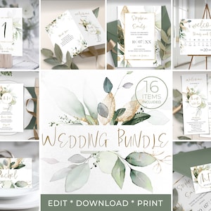 Wedding Invitation MEGA bundle Template | Greenery Gold  Eucalyptus Editable Printable| Instant Download | ISABELLA