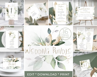 Wedding Invitation MEGA bundle Template | Greenery Gold  Eucalyptus Editable Printable| Instant Download | ISABELLA